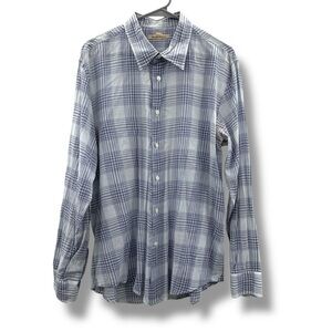 John Varvatos Blue‎ & White Plaid Button Down Long Sleeve Shirt Sz XL